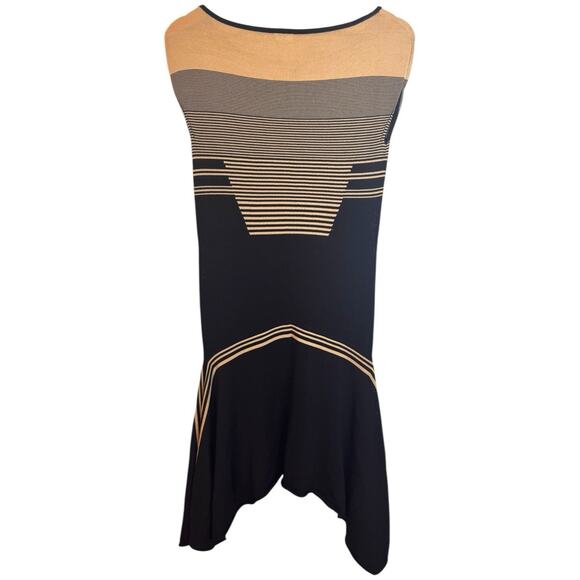 Leon Max Limited Edition Black & Tan Striped Asymmetric Hem Shift Dress Medium - Picture 2 of 8